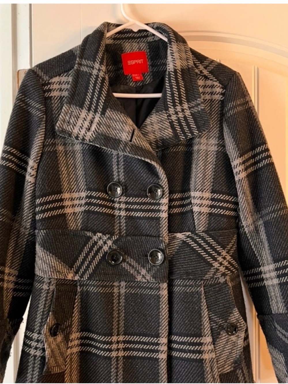 Esprit Black and Gray Plaid Double-Breasted Pea Coat